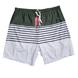 NWT | PatPat Men’s Green & White Horizontal Striped Quick-Dry Swim Shorts | XL
